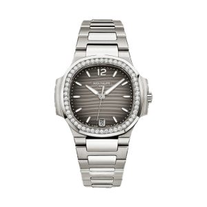 Patek Philippe Nautilus Ladies Automatic Stainless Steel Factory Diamond Bezel Charcoal Gray Dial 33.6mm 7018/1A-011