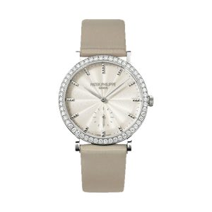 Patek Philippe Calatrava Ladies 18K White Gold Factory Diamond Bezel Cream Guilloché Dial 31mm 7120G-001
