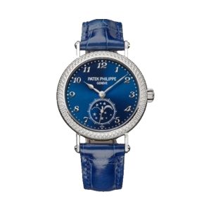 Patek Philippe Complications Ladies Moon Phase 18K White Gold Factory Diamond Bezel Blue Sunburst Dial 33mm 7121/200G-001
