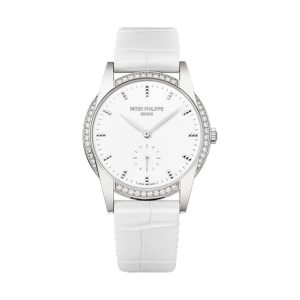 Patek Philippe Calatrava Ladies 18K White Gold Factory Diamond Bezel White Opaline Dial 33mm 7122/200G-001
