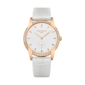 Patek Philippe Calatrava Ladies 18K Rose Gold Factory Diamond Bezel White Opaline Dial 33mm 7122/200R-001