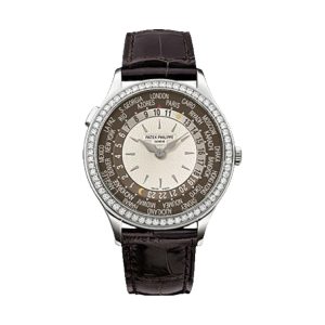 Patek Philippe Complications Ladies World Time 18K White Gold Factory Diamond Bezel Chestnut Brown Dial 36mm 7130G-010