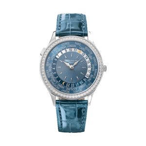 Patek Philippe Complications Ladies World Time 18K White Gold Factory Diamond Bezel Blue Guilloché Dial 36mm 7130G-016