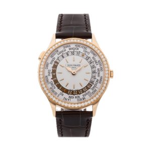 Patek Philippe Complications Ladies World Time 18K Rose Gold Factory Diamond Bezel Ivory Opaline Dial 36mm 7130R-001