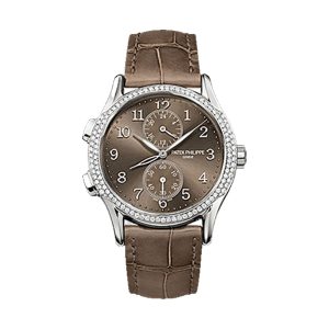 Patek Philippe Complications Calatrava Travel Time 18K White Gold Factory Diamond Bezel Brown Dial 31mm 7134G-001