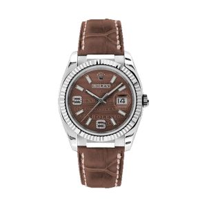 Rolex Datejust 36 18K White Gold Fluted Bezel Brown Wave Diamond Dial Leather Strap 36mm 116139