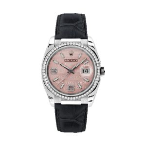 Rolex Datejust 36 18K White Gold Factory 60 Diamond Bezel Pink Wave Diamond Dial Leather Strap 36mm 116189