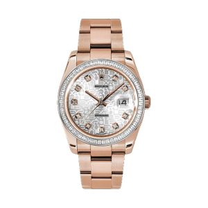 Rolex Datejust 36 18K Everose Gold Factory Baguette Diamond Bezel Silver Jubilee Diamond Dial President Bracelet 36mm 116285BBR