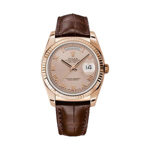 Rolex Day-Date 36 18K Everose Gold Fluted Bezel Pink Roman Dial Brown Leather Strap 36mm 118135