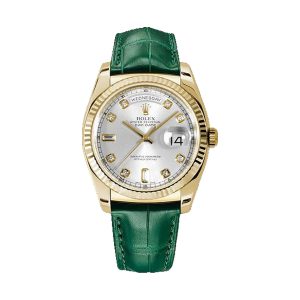 Rolex Day-Date 36 18K Yellow Gold Fluted Bezel Silver Diamond Dial Green Alligator Leather Strap 36mm 118138