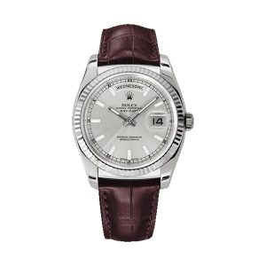 Rolex Day-Date 36 18K White Gold Fluted Bezel Silver Index Dial Brown Leather Strap 36mm 118139