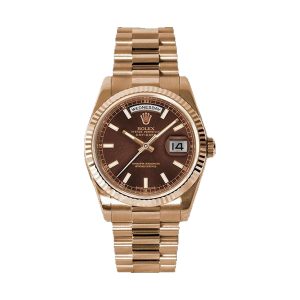 Rolex Day-Date 36 18K Everose Gold Fluted Bezel Chocolate Brown Index Dial President Bracelet 36mm 118235