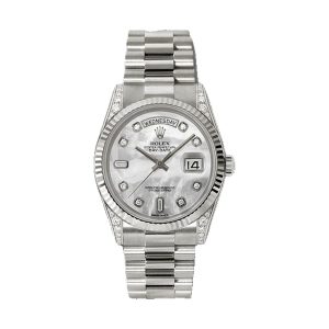 Rolex Day-Date 36 18K White Gold Fluted Bezel White MOP Diamond Dial President Bracelet 36mm 118339