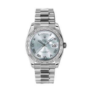 Rolex Day-Date 36 950 Platinum Factory Baguette Diamond Bezel Glacier Blue Roman Dial President Bracelet 36mm 118366