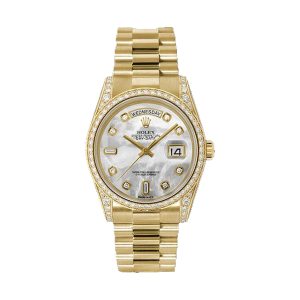 Rolex Day-Date 36 18K Yellow Gold Factory Baguette & Round Diamond Bezel White MOP Diamond Dial President Bracelet 36mm 118388