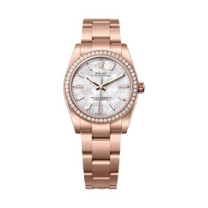 Rolex Oyster Perpetual 34 18K Everose Gold Factory Diamond Bezel White MOP Diamond Dial Oyster Bracelet 34mm 124245RBR