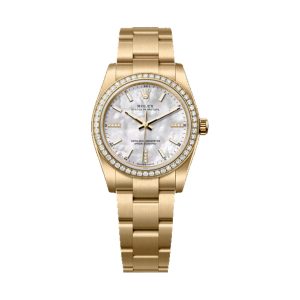 Rolex Oyster Perpetual 34 18K Yellow Gold Factory Diamond Bezel White MOP Diamond Dial Oyster Bracelet 34mm 124248RBR