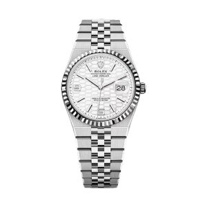 Rolex Land-Dweller 36 18K White Gold & Oystersteel Intense White Honeycomb Motif Dial Fluted Bezel Flat Jubilee Bracelet 36mm 127234