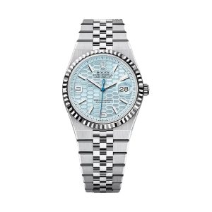 Rolex Land-Dweller 36 950 Platinum Ice Blue Honeycomb Motif Dial Fluted Bezel Jubilee Bracelet 36mm 127236