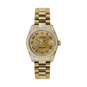 Rolex Datejust 31 18K Yellow Gold Factory 48 Diamond Bezel Champagne Concentric Diamond Dial President Bracelet 31mm 178158