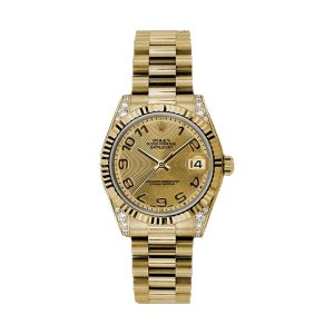 Rolex Datejust 31 18K Yellow Gold Fluted Bezel Champagne Concentric Diamond Dial President Bracelet 31mm 178238