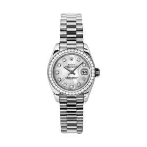 Rolex Lady-Datejust 26 950 Platinum Factory 42 Diamond Bezel White MOP Diamond Dial President Bracelet 26mm 179136