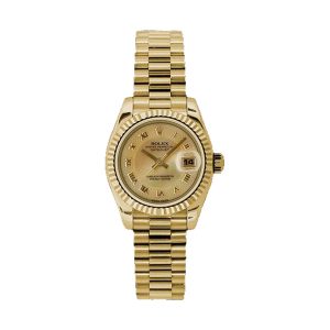 Rolex Lady-Datejust 26 18K Yellow Gold Fluted Bezel Champagne Decorated MOP Roman Dial President Bracelet 26mm 179178