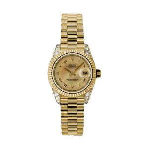 Rolex Lady-Datejust 26 18K Yellow Gold Factory Diamond Lugs & Fluted Bezel Champagne MOP Roman Dial President Bracelet 26mm 179238