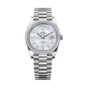 Rolex Day-Date 40 950 Platinum Factory Baguette Diamond Bezel White MOP Diamond Dial President Bracelet 40mm 228396TBR