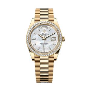 Rolex Day-Date 40 18K Yellow Gold Factory Baguette Diamond Bezel White MOP Diamond Dial President Bracelet 40mm 228398TBR