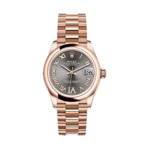 Rolex Datejust 31 18K Everose Gold Domed Bezel Dark Rhodium Diamond Dial President Bracelet 31mm 278245