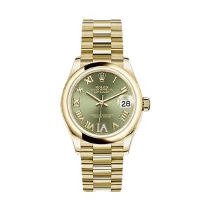 Rolex Datejust 31 18K Yellow Gold Domed Bezel Olive Green Diamond VI Dial President Bracelet 31mm 278248