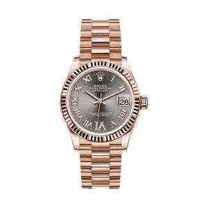 Rolex Datejust 31 18K Everose Gold Fluted Bezel Dark Rhodium Diamond Dial President Bracelet 31mm 278275
