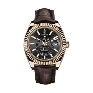 Rolex Sky-Dweller Annual Calendar GMT 18K Yellow Gold Black Index Dial Brown Leather Strap 42mm 326138