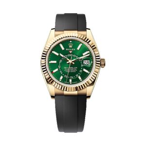 Rolex Sky-Dweller Annual Calendar GMT 18K Yellow Gold Bright Green Dial Fluted Bezel Oysterflex Bracelet 42mm 336238