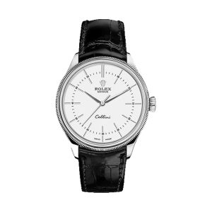 Rolex Cellini Time 18K White Gold Double Bezel White Dial Black Leather Strap 39mm 50509