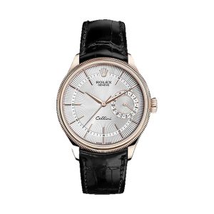 Rolex Cellini Date 18K Everose Gold Double Bezel Silver Rayon Flamme Guilloché Dial Black Leather Strap 39mm 50515