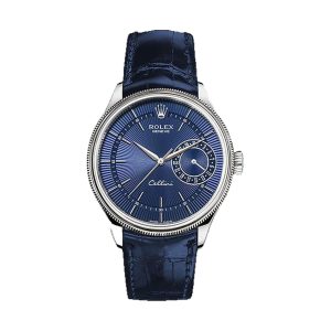 Rolex Cellini Date 18K White Gold Double Bezel Blue Rayon Flamme Guilloché Dial Blue Leather Strap 39mm 50519