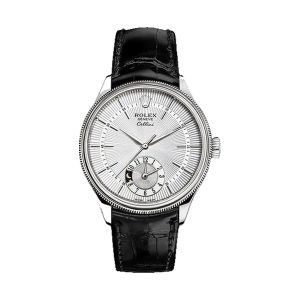 Rolex Cellini Dual Time 18K White Gold Silver Rayon Flamme Guilloché Dial Black Leather Strap 39mm 50529