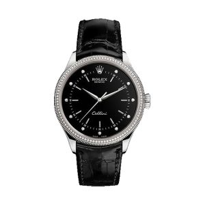 Rolex Cellini Time 18K White Gold Factory Diamond Bezel Black Dial Black Leather Strap 39mm 50609RBR