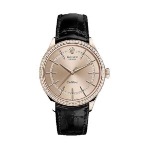 Rolex Cellini Time 18K Everose Gold Factory Diamond Bezel Pink Dial Black Leather Strap 39mm 50705RBR