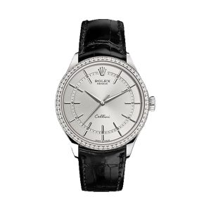 Rolex Cellini Time 18K White Gold Factory Diamond Bezel Dark Rhodium Dial Black Leather Strap 39mm 50709RBR