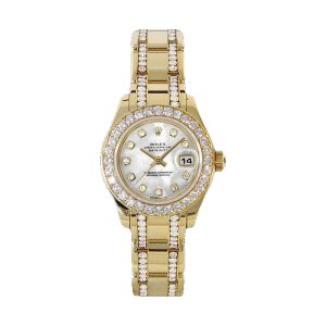 Rolex Lady-Datejust Pearlmaster 29 18K Yellow Gold Factory Diamond Bezel & Full Diamond Pavé Bracelet White MOP Dial 29mm 80298