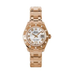 Rolex Lady-Datejust Pearlmaster 29 18K Everose Gold Factory 12 Diamond Bezel White MOP Roman VI Dial 29mm 80315
