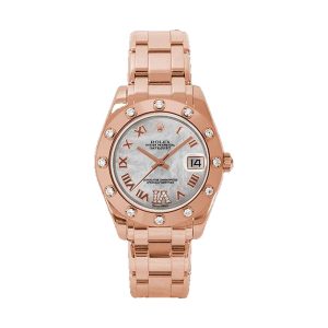 Rolex Pearlmaster 34 18K Everose Gold Factory 12 Diamond Bezel White MOP Roman Dial 34mm 81315
