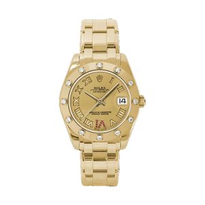Rolex Pearlmaster 34 18K Yellow Gold Factory 12 Diamond Bezel Champagne Roman Dial 34mm 81318