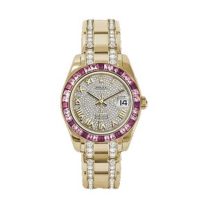 Rolex Pearlmaster 34 18K Yellow Gold Factory Pink Sapphire Baguette Bezel Full Diamond Pavé Roman Dial 34mm 81348SARO